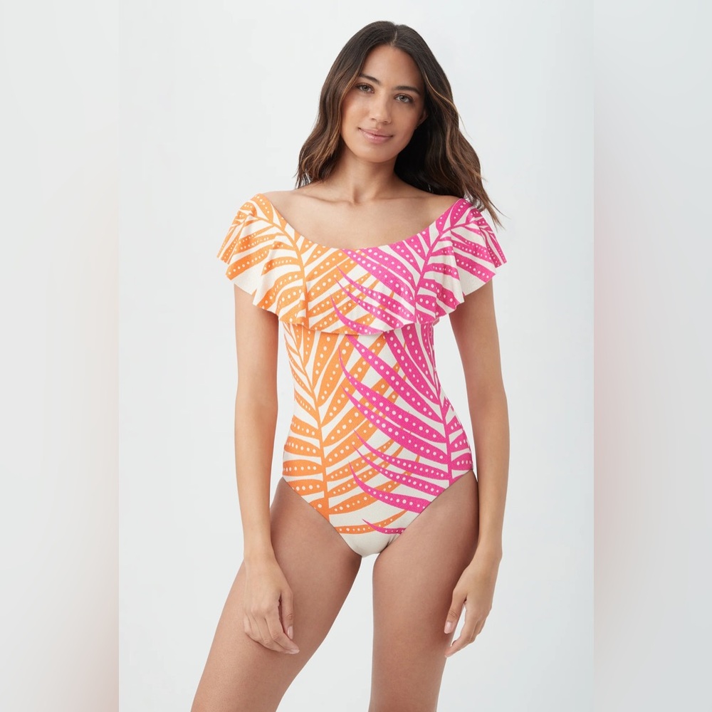 TRINA TURK Sheer Tropics Off The Shoulder Ruffle One Piece Swimsuit Small NEW